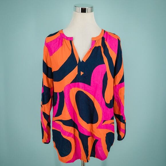 Escapada Size Medium M Blue Pink Print Split V Neck Cut Out Sleeve Tunic Top - Picture 1 of 6